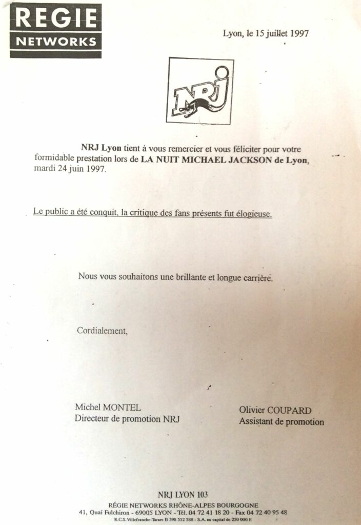 Lettre de remerciement de NRJ pour Ben Jack&rsquo;son